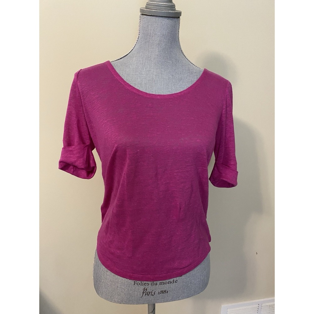 Lauren Ralph Lauren Linen PS Magenta Scoop Neck Rolled Sleeve Top Lux s63